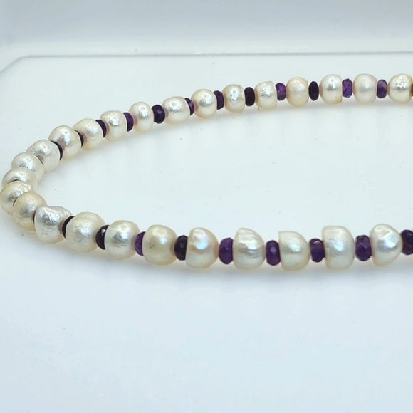 REAL Baroque Pearl and Amethyst Necklace with Sterling Silver Adjustable Li… - Picture 4 of 7
